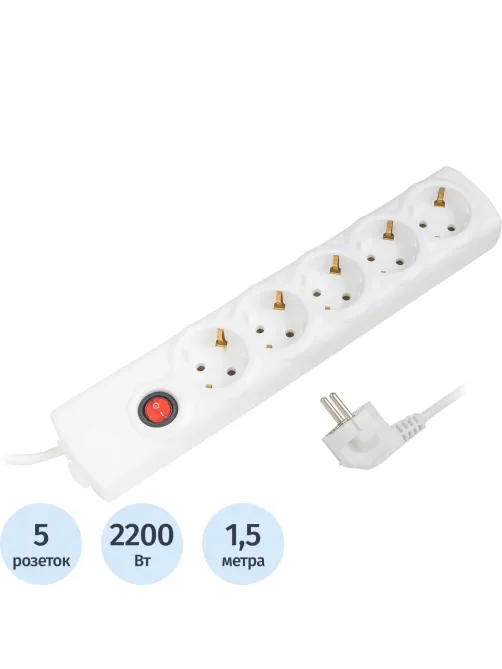 Сетевой фильтр BigTech BT510-1,5-W(5р/1,5м/10А/2,2кВт/3х0,75 мм2/белый)