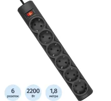 Сетевой фильтр Defender  DFS 151 1,8 м, черный, 6 розеток(99494)