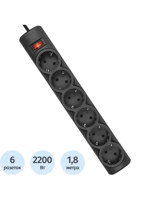 Сетевой фильтр Defender  DFS 151 1,8 м, черный, 6 розеток(99494)