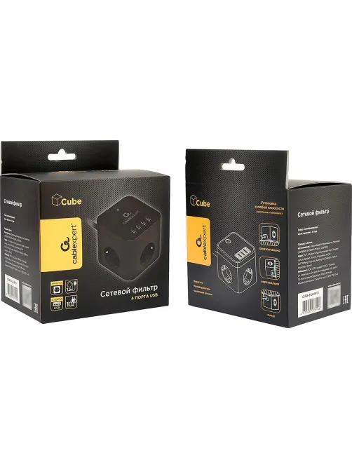 Сетевой фильтр Cablexpert Cube 3р/1,5м, 10А, 4хUSB, черный(CUBE-3-U4-B-1.5)