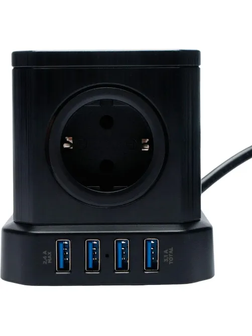 Сетевой фильтр Cablexpert Tower 5р/3м, 10А, 4хUSB, черный(TWR-5-U4-B-3)