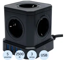 Сетевой фильтр Cablexpert Tower 5р/3м, 10А, 4хUSB, черный(TWR-5-U4-B-3)