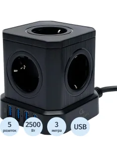 Сетевой фильтр Cablexpert Tower 5р/3м, 10А, 4хUSB, черный(TWR-5-U4-B-3)