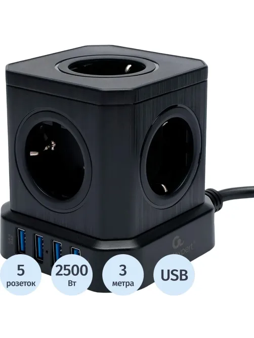Сетевой фильтр Cablexpert Tower 5р/3м, 10А, 4хUSB, черный(TWR-5-U4-B-3)