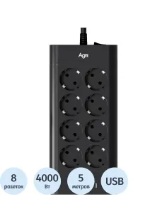 Сетевой фильтр AGNI 8р/5м,3USB,1TYPE-C 20W,черный(TP-FA4U8E-C-5m-black)