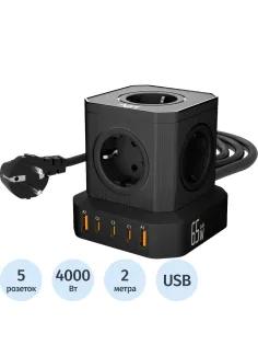 Сетевой фильтр AGNI 5р/2м, 2 USB +3 Type-C, чёрный(TP-VE5U5E-C-2m-black)