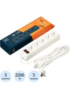 Сетевой фильтр BigTech STD-510-5-W (5р/5м/10А/2,2кВт/1мм2/белый)