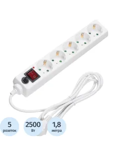 Сетевой фильтр BigTech CD5-1,8W75 (5р/1,8м/10А/2500Вт 0,75мм белый)