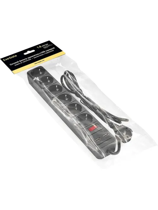 Сетевой фильтр ExeGate SP-6-USB-1.8B 6р/1,8м, 2 USB, черный(EX295492RUS)