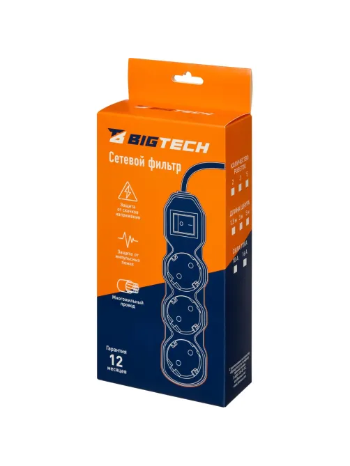 Сетевой фильтр BigTech ST310-3-W(3р/3м/10А/2,2кВт/3х0,75 мм2/белый)