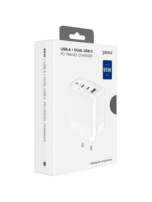 Зарядное устройство сетевое PERO TC17 USB-A QC 3.0 + 2х USB-C PD, 65W белый