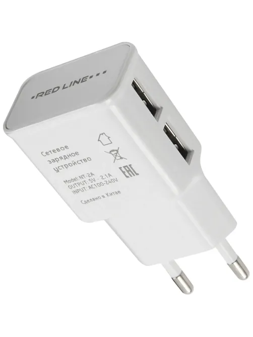 Зарядное устройство сетевое, 2 USB, 2.1А, Red Line NT-2A, бел, УТ000009405