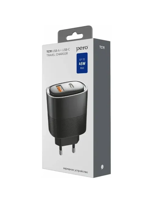 Зарядное устройство сет. PERO TC11 USB-A QC3.0 + USB-C PD, 45W черный