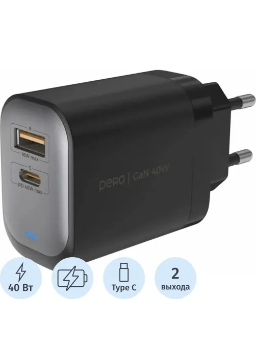 Зарядное устройство сет. PERO TC28 ULTIMATE GAN USB-A + USB-C, 40W черный