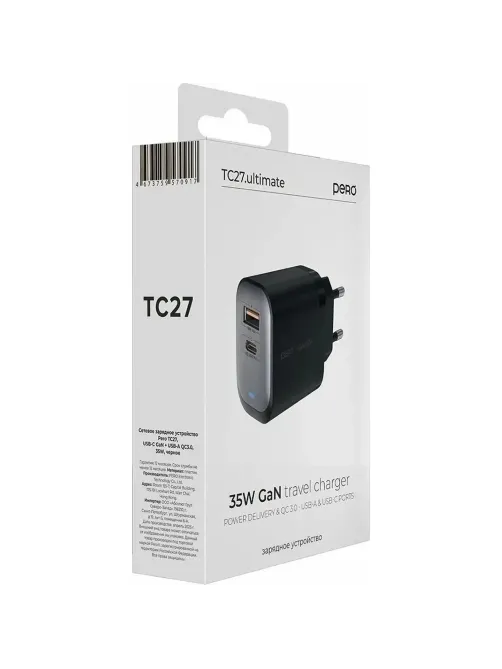 Зарядное устройство сет. PERO TC27 ULTIMATE GAN USB-A + USB-C, 35W черный