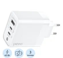 Зарядное устройство сетевое PERO TC17 USB-A QC 3.0 + 2х USB-C PD, 65W белый