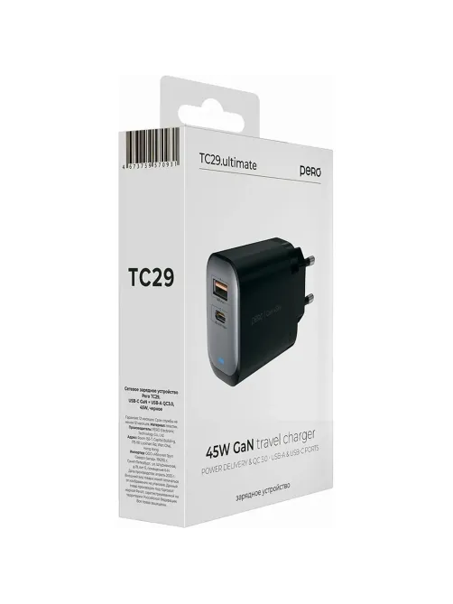 Зарядное устройство сет. PERO TC29 ULTIMATE GAN USB-A + USB-C, 45W черный