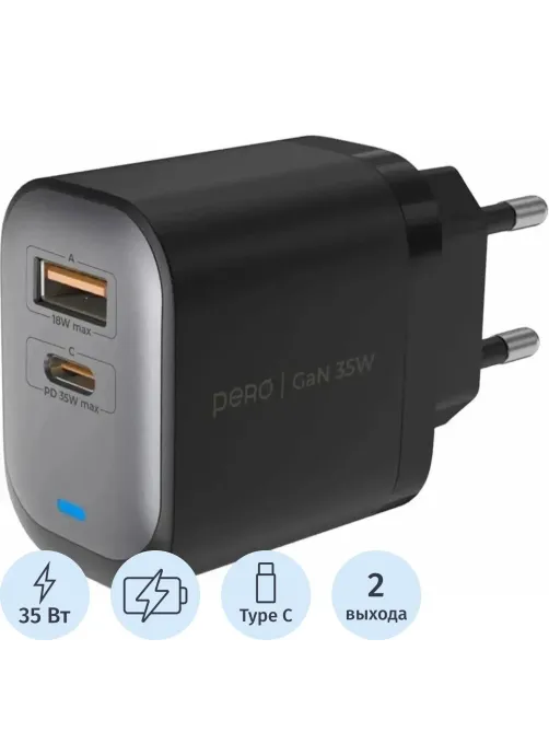 Зарядное устройство сет. PERO TC27 ULTIMATE GAN USB-A + USB-C, 35W черный
