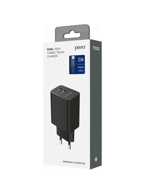 Зарядное устройство сет. PERO TC02 2USB 2.1A c каб. Type-C в компл. черный
