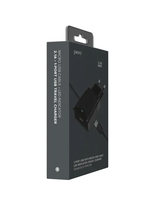 Зарядное устройство сетевое PERO TC04 1USB 2.1A + MICRO-USB CABLE черный
