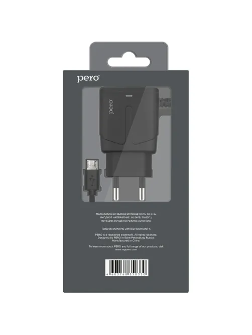 Зарядное устройство сетевое PERO TC04 1USB 2.1A + MICRO-USB CABLE черный