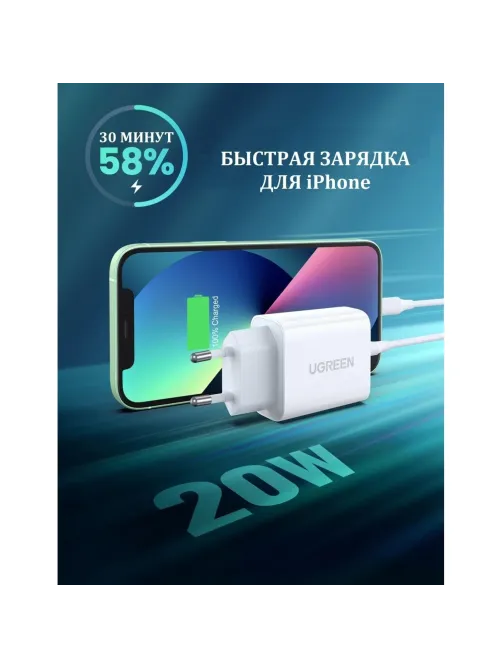 Зарядное устройство UGREEN сетевое USB C 20W PD, цвет белый (60450)