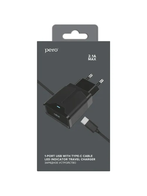 Зарядное устройство сетевое PERO TC04 1USB 2.1A + TYPE-C CABLE черный
