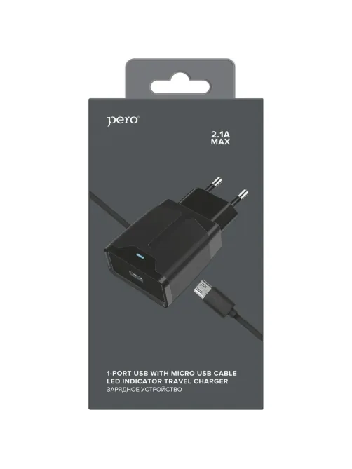 Зарядное устройство сетевое PERO TC04 1USB 2.1A + MICRO-USB CABLE черный