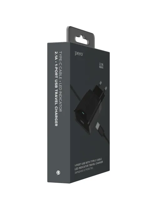 Зарядное устройство сетевое PERO TC04 1USB 2.1A + TYPE-C CABLE черный