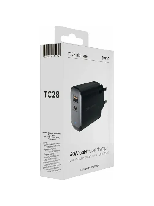 Зарядное устройство сет. PERO TC28 ULTIMATE GAN USB-A + USB-C, 40W черный