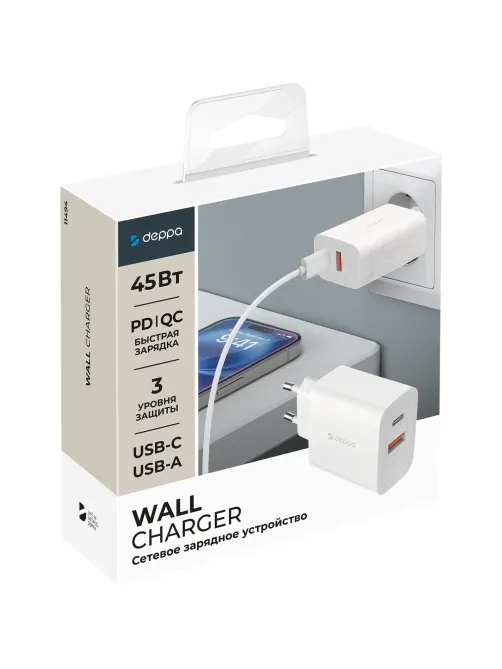 Зарядное устройство сет. Deppa (11494)45W USB-C + USB-A PD 3.0 QC 4.0 белый