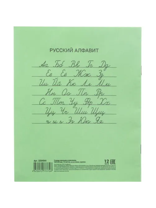 Тетрадь в зеленом офсете  12л., косая линия, штука, внутр.блок 100