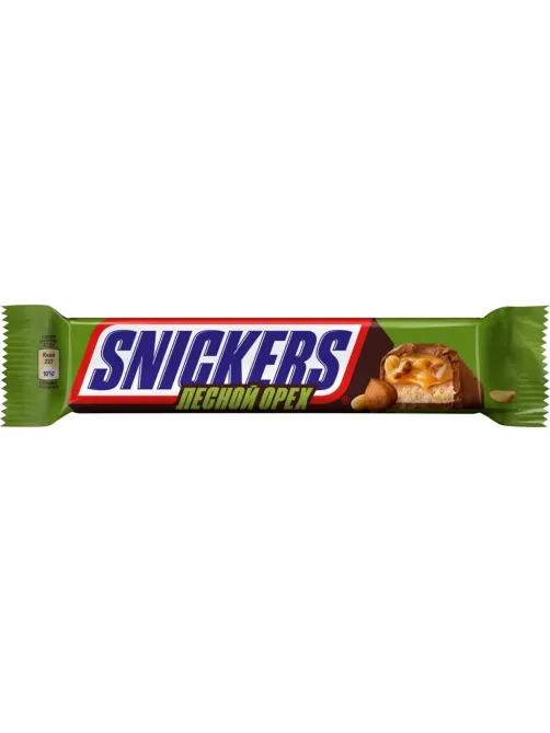 Шоколадный батончик Snickers Лесной орех с арахис, карам, фунд и нугой, 81г