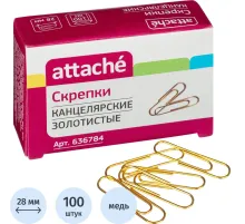Скрепки Attache омедненные, 28 мм,негофрированные, золотистые, 100 шт/уп