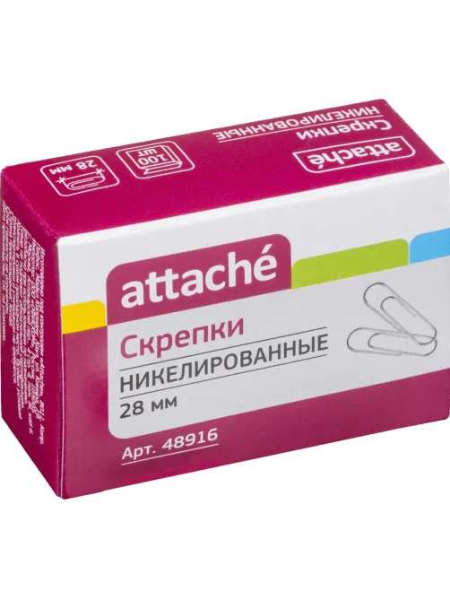 Скрепки Attache никелированные, 28 мм, негофрированные, 100 шт/уп