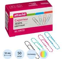 Скрепки Attache Зебра с полимерным покрытием,50 мм,разноцветные,50 шт/уп