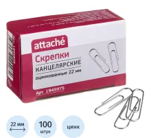 Скрепки Attache оцинкованные 22 мм, негофрированные, 100шт/уп