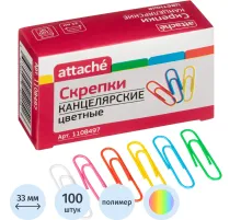 Скрепки Attache с полимерным покрытием,33 мм,разноцветные, 100 шт/уп