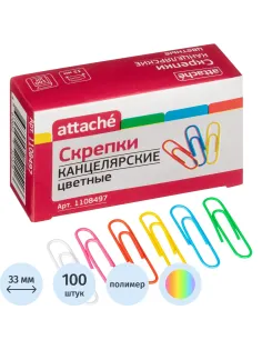 Скрепки Attache с полимерным покрытием,33 мм,разноцветные, 100 шт/уп