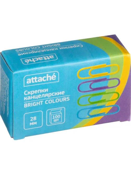 Скрепки Attache Bright Colours с полимерн.покрыт,28мм,разноцветн,100 шт/уп