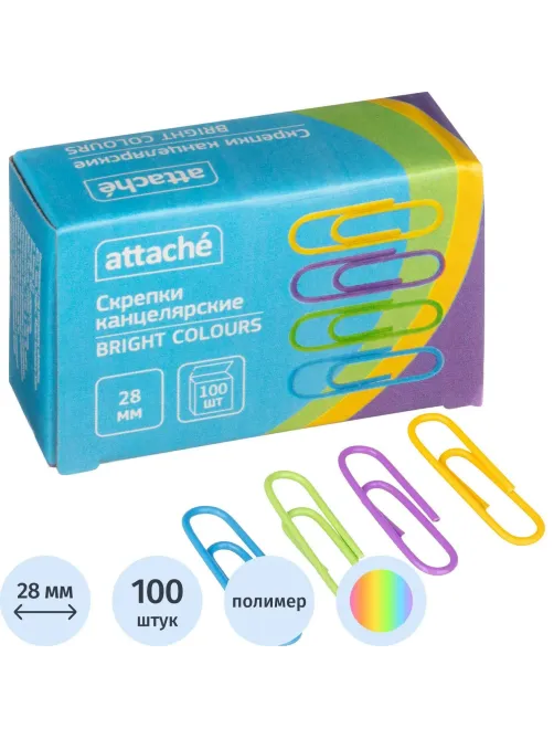 Скрепки Attache Bright Colours с полимерн.покрыт,28мм,разноцветн,100 шт/уп