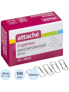 Скрепки Attache никелированные, 28 мм, негофрированные, 100 шт/уп