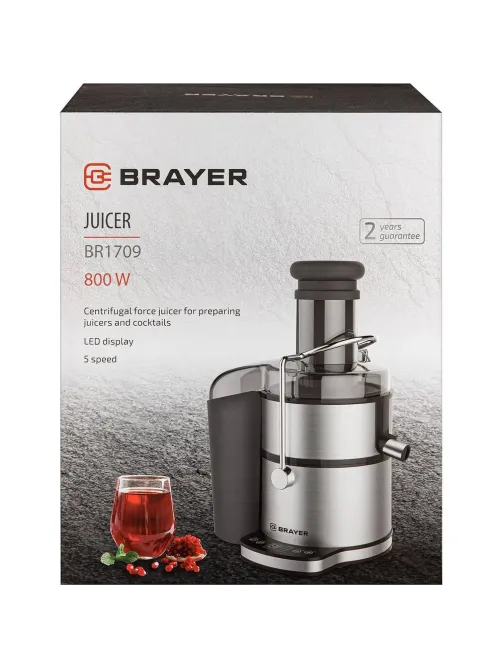Соковыжималка BRAYER 1709BR центробеж,800Вт,реверс,диам75мм,сок 1,1л,мяк 2л
