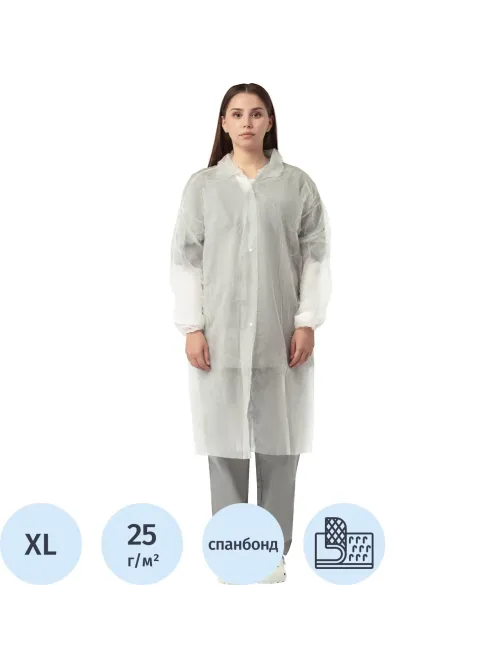 Халат н/с процед, рук.рез, на липч, XL, дл.110см, пл 25, белый, 10шт/уп