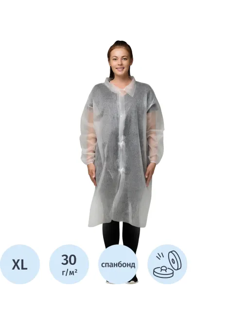 Халат н/с процед, рук.рез, 4кн, XL(52-54), пл 30, бел, Комус, 10шт/уп