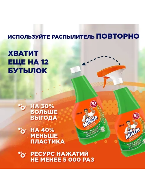 Средство для стекол и зеркал МИСТЕР МУСКУЛ (запаска)с нашат.спиртом,530 мл