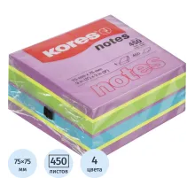 Стикеры Kores CUBO 75х75мм,смешан.неон.цв. (фиол,желт,син,зелен) 450л 48464