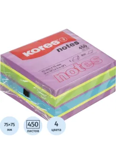 Стикеры Kores CUBO 75х75мм,смешан.неон.цв. (фиол,желт,син,зелен) 450л 48464