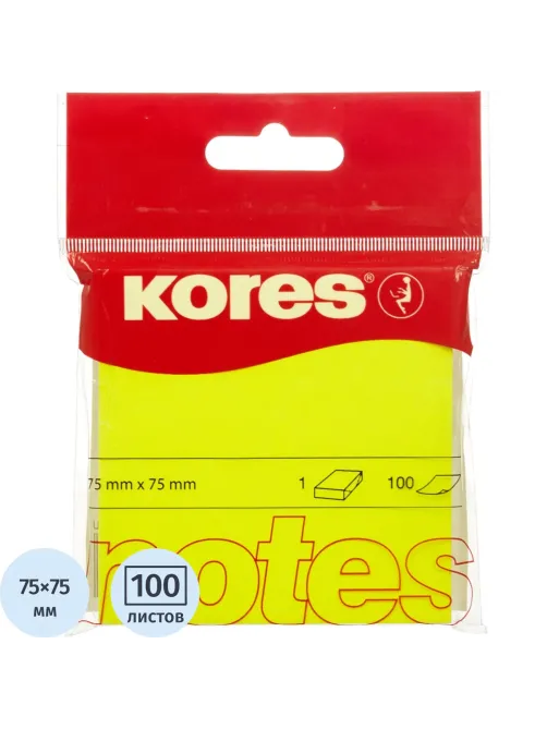 Стикеры Kores бум.для зам. 75х75 неоновая желтая 100л. '47076/47092