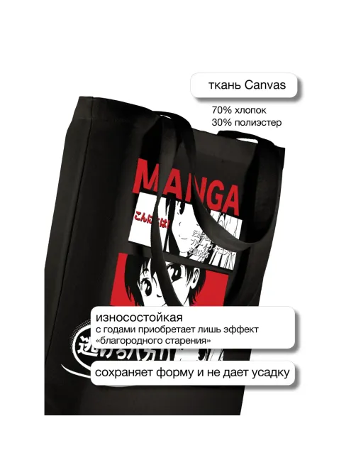 Сумка для покупок шоппер Black Manga Anime 34х36 см, 16-004-02/34